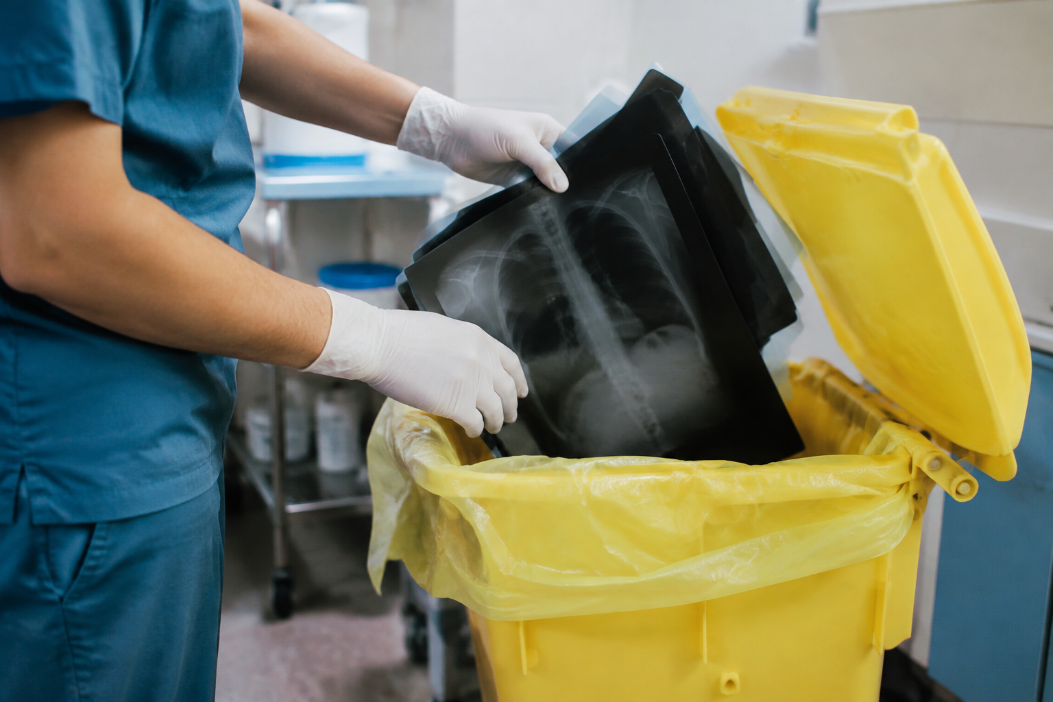 Mains inserant radiographies dans conteneur de dechets medicaux