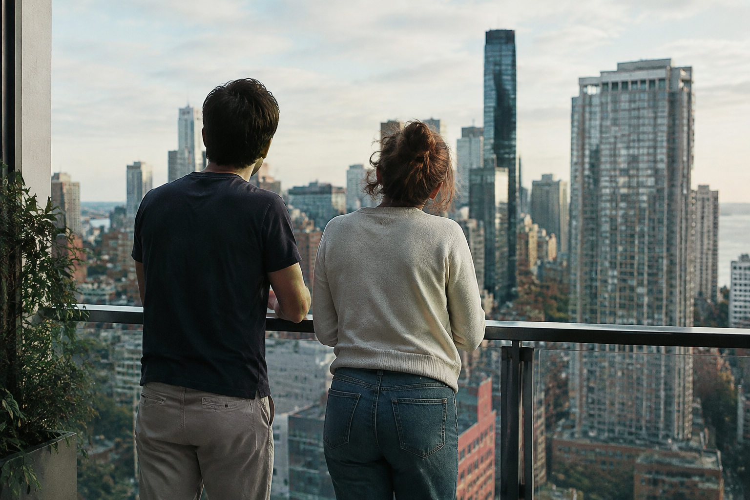 Deux residents debout sur balcon face aux gratte-ciel