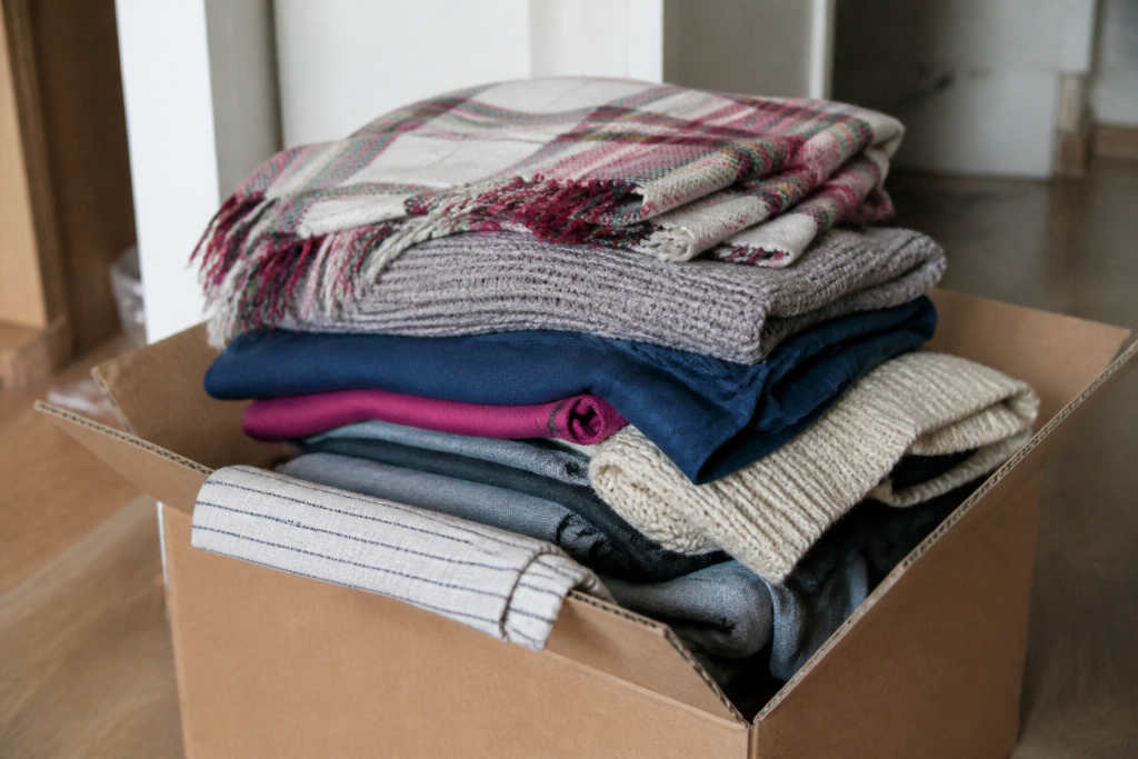 Pile de vetements plies et couvertures dans un carton