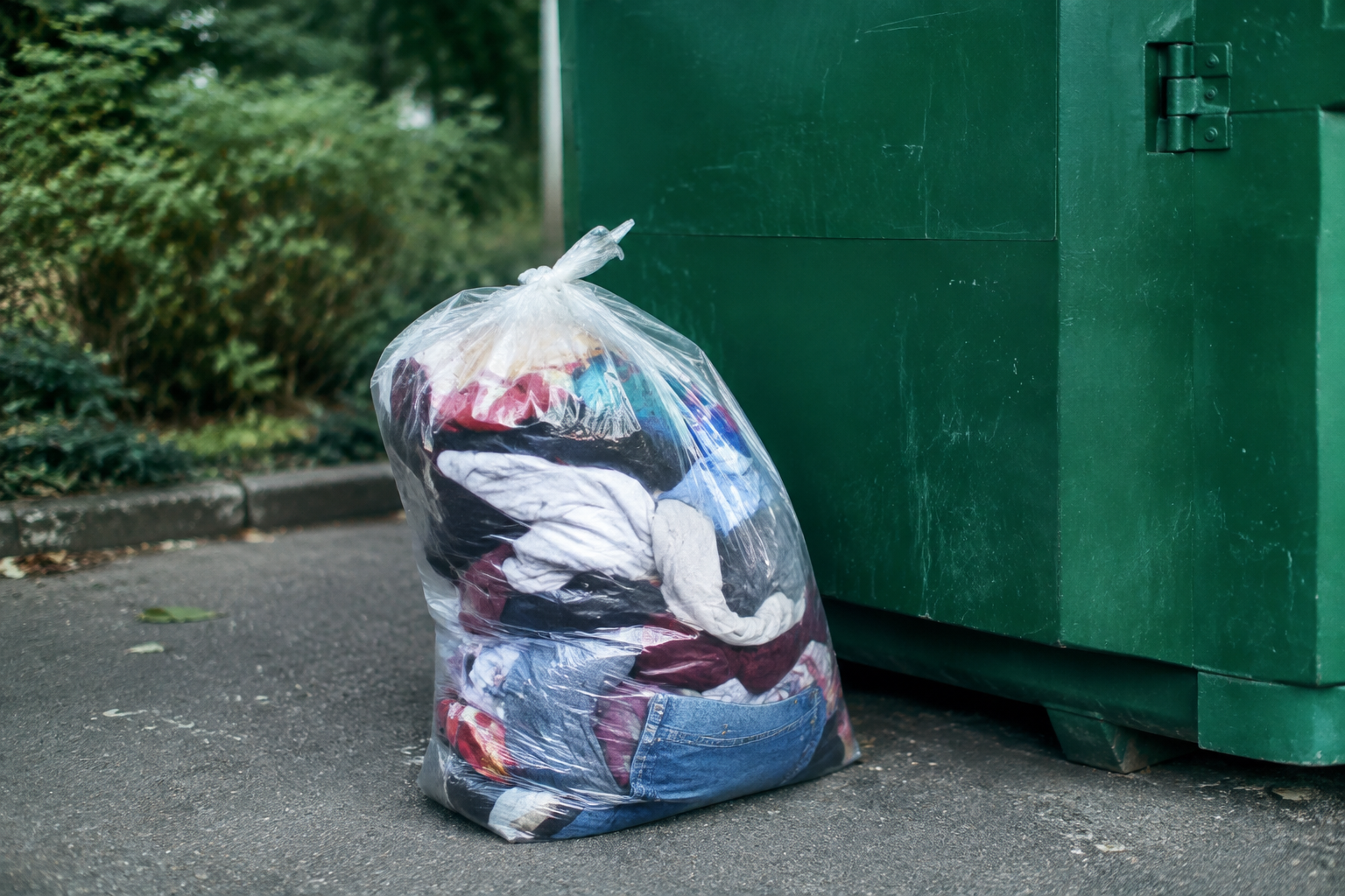 Sac de vetements pose devant un conteneur vert