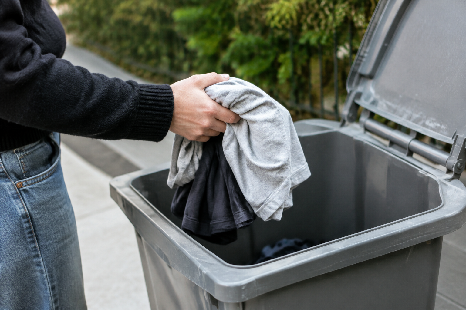Main depose vetements usages dans bac gris